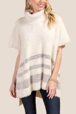 NUEVO CON ETIQUETAS Francesca’s Marfil Pestañas Mohair Capucha Cuello Alto Pullover Poncho Suéter, OS Foto 1 de 4