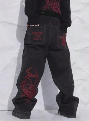 Gothic Embroidered Baggy Jeans – Black Wide-Leg Y2K Streetwear 🔥 - Image 1 of 3