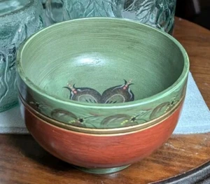 Bebe Norway Hand Painted Rosemaling Wood Bowl Norwegian Red Green Footed - Picture 1 of 8