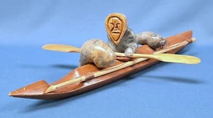 Hand Carved Wood Soapstone Kayak Eskimo Hunter Inuit Signed Nome Alaska - Picture 1 of 12