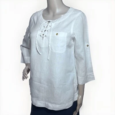 Ralph Lauren S Pequeña Camisa Popover de Lino Blanco Top Túnica Blusa Con Cordones Foto 1 de 4