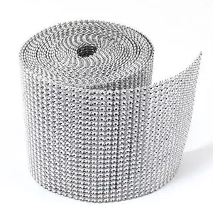 4,75"x10 YARDAS CINTA DE CRISTAL DE ESTRÁS DE MALLA DE PLATA - Imagen 1 de 3