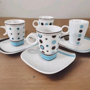 Maxwell Williams Demitasse Espresso Cups & Saucers x 4 Blue Brown Dots Stripes - Picture 1 of 9