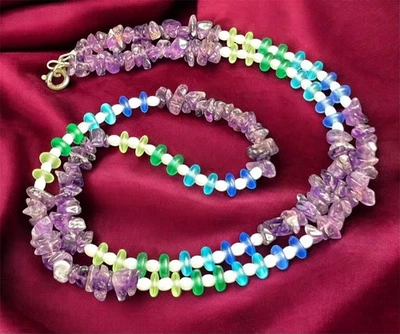 Фиолетовый аметист ожерелье застежка серебро штамп 925 зеленый стеклянные бусины 23» - Изображение 1 из 4