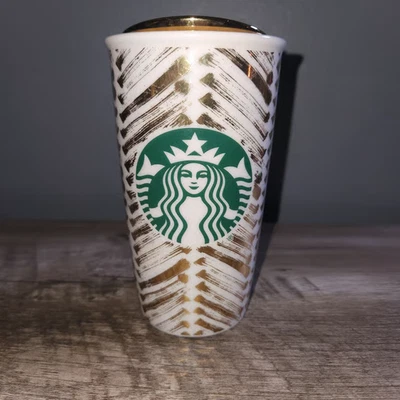 Starbucks Gold Chevron Mermaid Ceramic Travel Mug Tumbler 2015 Christmas - Image 1 of 4