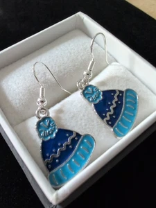 Sterling 925 Winter Christmas Hat Earrings And Enameled Homemade Custom Casted - Picture 1 of 7