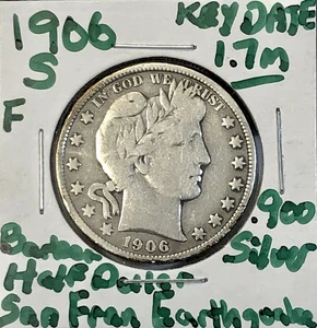 1906-S Barber Silver Half Dollar - San Francisco Earthquake - Key Date 1.7m - Picture 1 of 9