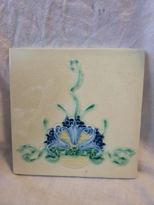 Azulejo antiguo Alfred Meakin mayólica Art Nouveau 6 x 6 #407 cinta floral Inglaterra Foto 1 de 4