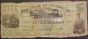 1862 5 $ "State of Mississiippi" veralteter Schein - Bild 1 von 2