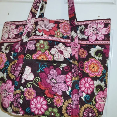 Vera Bradley Mod Pink Floral on Brown Large Tote Shoulder Bag 18"x14" Very Good - Image 1 of 4