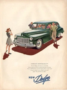 1947 Dodge PRINT AD Green four Doors Girl Photographing Family's New Car - Picture 1 of 1