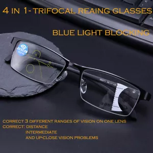 No Line Trifocal Reading Glasses for Men UV Blue Light Blocking TR90 Arm w/ Case - Picture 1 of 20