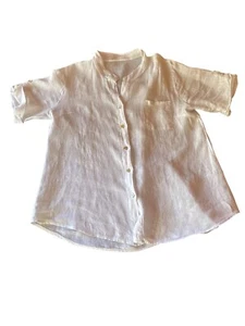 White Italian-Made 100% Linen Button-Up Shirt With Mandarin Collar & Pocket - Picture 1 of 5