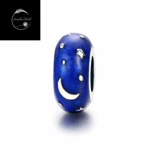 Sterling Silver 925 Charm Moon Stars Blue Stopper Spacer Bead - Daughter Friend - Picture 1 of 7