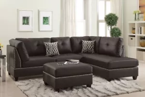 Loures 3 Pieces Sectional In Espresso Bonded Leather with Ottoman - Picture 1 of 3