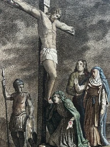 Antique Old Drawing 19th century Original Religious Christ on Cross and People - Picture 1 of 8