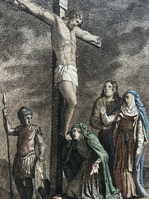 Antiguo Dibujo Antiguo Siglo XIX Original Religioso Cristo en Cruz y Pueblo Foto 1 de 4