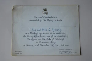 Queen Elizabeth II Invite Westminster Abbey 25th Wedding Anniversary 1972 - Picture 1 of 3