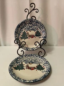 Set (2) Tienshan Folkcraft 7,5 Salatteller Hütte im Schnee Weihnachtsschwamm - Bild 1 von 4