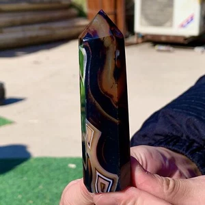 92G Natürlicher Schwarzblüten Streifen Achat Obelisk Quarz Kristall Turm Heilung - Bild 1 von 23