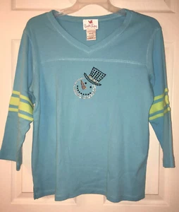 EUC Quacker Factory Snowman Embellished M Knit Top Tophat Aqua Green - Picture 1 of 5