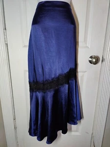 Ryegrass Navy Blue Silky Satin Asymmetric Hem Lace Accent Midi/Maxi Skirt 14 NWT - Picture 1 of 6
