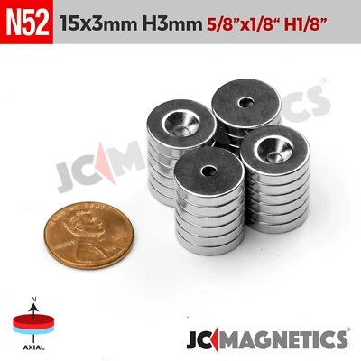JC-MAGNETICS 15mm x 3mm Hole 3mm N52 Strong Countersunk Ring Rare Earth Magnet 15x3mm