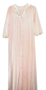 Vintage Morgenmantel Lothringen rosa Nylon mit Blumenstickerei weiß Kragen Größe S - Bild 1 von 6