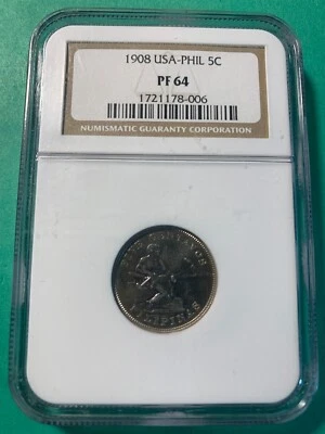 US PHILIPPINES 5 CENTAVO 1908 PROOF NGC PF 64 - Image 1 of 4