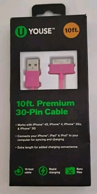 New U Youse 10ft Premium 30-Pin Cable iPhone 4s,4,3G.iPod Sync Charge - Image 1 of 4