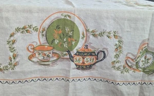 Vintage Leinen Tischdecke MCM Teekanne Orange Avocado Cottagecore Grandmacore - Bild 1 von 19