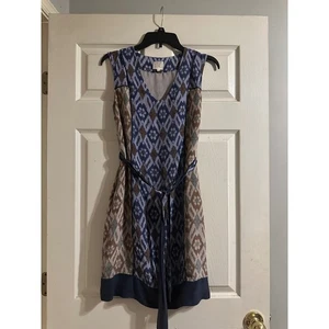 Coquille Anthropologie Blue Ikat Geometric Belted Silk Sleeveless Dress Size 0 - Picture 1 of 10