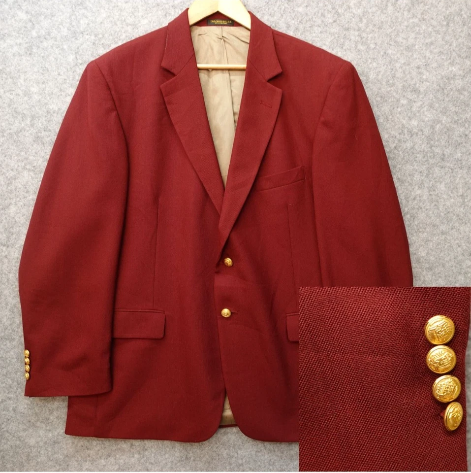 USA Made Hopsack Wool Blazer Mens 46R Burgundy Solid Gold Button Tailored Jacket - Image 1 of 4