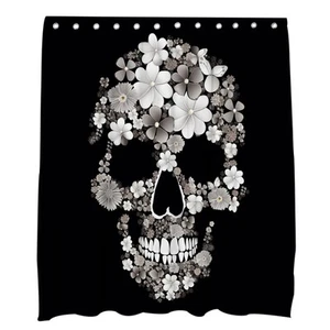 Horror Metal Skull Shower Curtain Silver Floral Gothic Halloween Theme Black ... - Picture 1 of 6