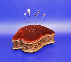 Vintage 1930 Oak Wood Carved Red Velvet Pincushions With A Secret Drawer - Picture 1 of 13