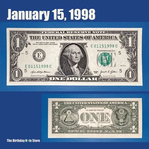 January 15, 1998 Birthday Anniversary $1 One Dollar Bill Serial Number 01151998 - Picture 1 of 2