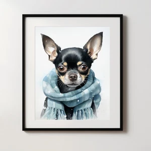 Chihuahua in a Winter Scarf Print, Modern Watercolour Painting, Pet Portrait - Picture 1 of 10