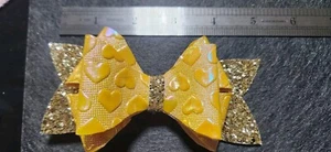 CUTE Handmade Hair Bow IRIDESCENT YELLOW and GOLD SPARKLE large CLIP - Picture 1 of 2