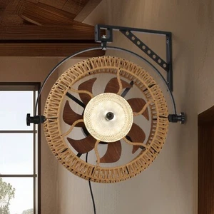 Rustic Wall-Mounted Rattan Ceiling Fan with Dimmable LED Light Remote Control - Picture 1 of 14