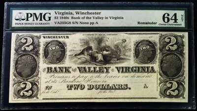 1840s WINCHESTER, VA $2 BANK OF THE VALLEY OBSOLETE NOTE PMG CHOICE UNC 64 NET - Image 1 of 2