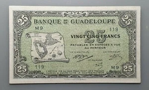 GUADALUPA GUADALUPE 25 FRANCOS 25 FRANCS (1942) P-22a MBC PLANCHADO ESCASO - Picture 1 of 2