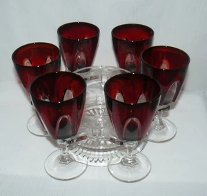 Set of 6 Wine Glasses W/ Glass Caddy Bowl Ruby Red Clear & Optic Stemmed - Picture 1 of 12