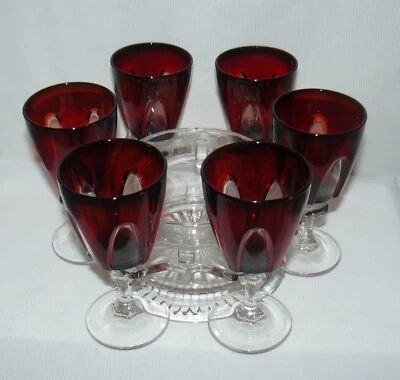 Set of 6 Wine Glasses W/ Glass Caddy Bowl Ruby Red Clear & Optic Stemmed - Image 1 of 4