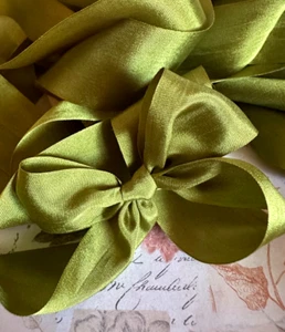 3 Yards REAL Silk Ribbon 1.25" OLIVE GREEN Couture, Invites, Journal WATCH VIDEO - Picture 1 of 8