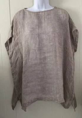 Eileen Fisher Bateau Neck Organic Linen Caftan Oversized Top Sz XS Natural Tan - Image 1 of 4