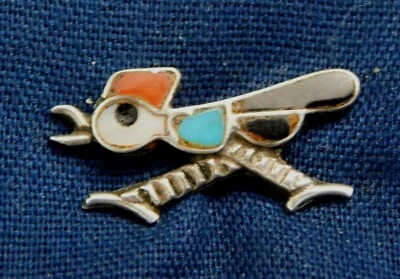 ZUNI STERLING Multi Stone Inlay Textured HANDMADE ROADRUNNER TIE TACK Estate - Image 1 of 2