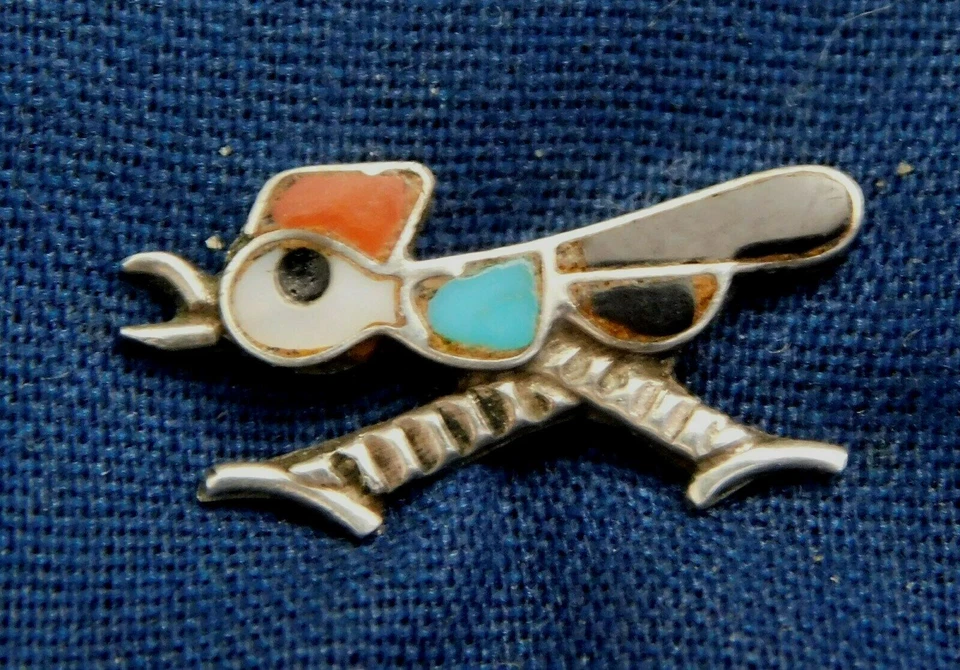 ZUNI STERLING Multi Stone Inlay Textured HANDMADE ROADRUNNER TIE TACK Estate - Image 1 of 2