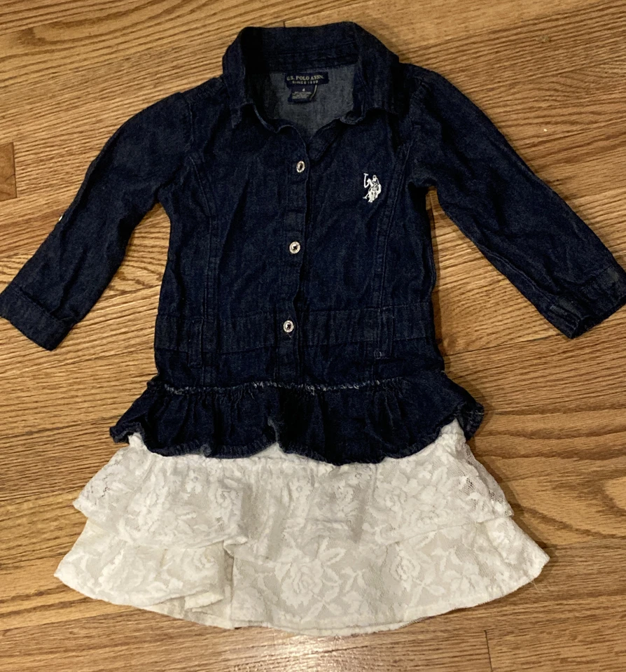 Vestido de mezclilla talla 4 para niñas Polo de EE. UU. Encaje Volantes Logo Manga larga Foto 1 de 4
