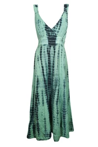 Boho Gypsy Hippy GREEN Tie Dye Sundress Sleeveless Beach Resort Maxi Dresses XS