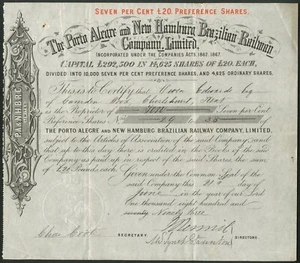 Brasil: Porto Alegre & New Hamburg Brazilian Railway Co. Ltd., £20 sh., 187[93] - Imagen 1 de 1